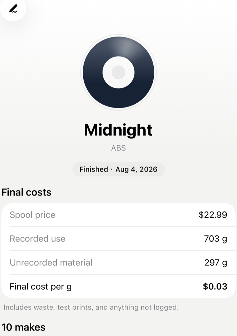 Spoolery finished spool cost view showing recorded and final material cost