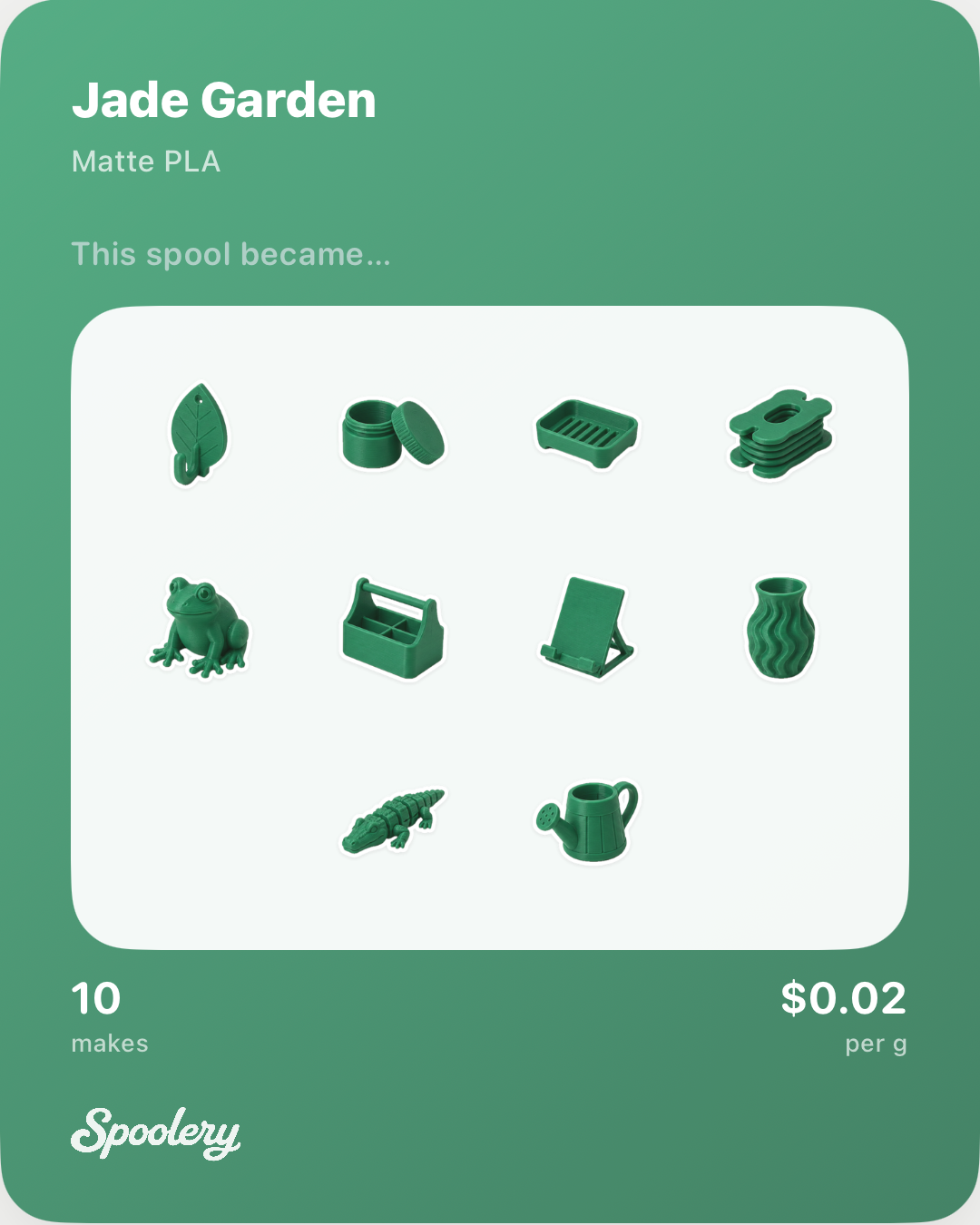 Full green share card showing what one spool became