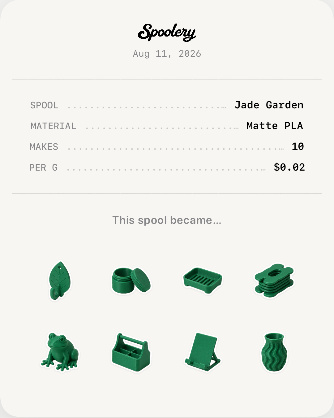 Receipt share card listing spool details with its makes